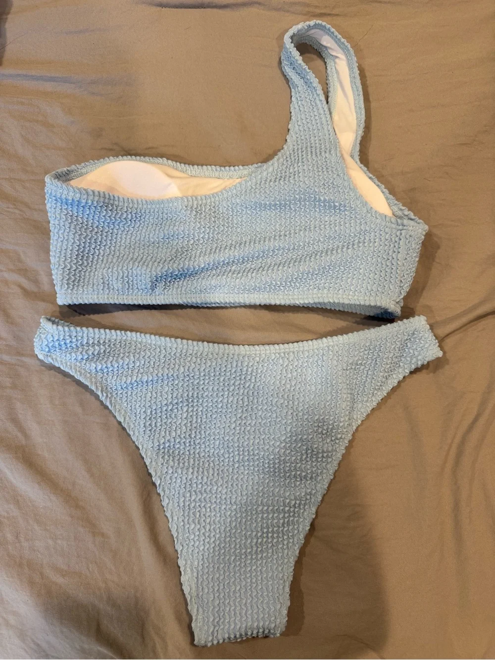 Amazon Light Blue One-Shoulder Textured Bikini Set